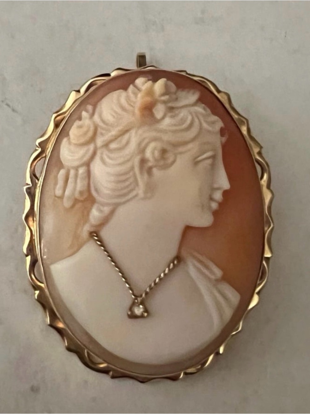 Giovanni APA Handcarved Shell Cameo Brooch-Pendant 14KT gold w/diamond!